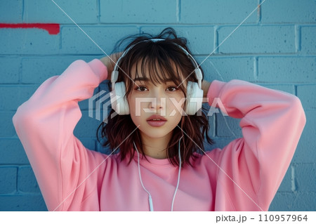 woman in pink sweatshirt with headphones 110957964