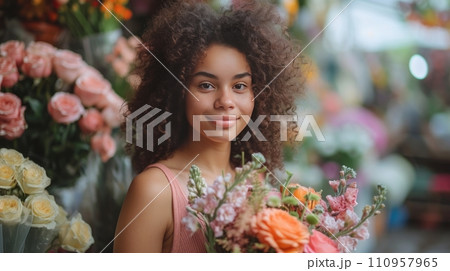 Curly girl florist collects a beautiful bouquet for the bride in a flower shop on a French street Curly girl florist collects a beautiful bouquet for the bride in a flower shop on a French street 110957965