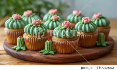 Delicious cupcakes in the shape of cacti 110958008