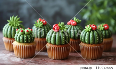Delicious cupcakes in the shape of cacti 110958009
