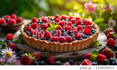 Fresh berry pie on a wooden table in a wide summer garden Fresh berry pie on a wooden table in a wide summer garden 110958054
