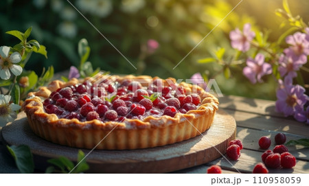 Fresh berry pie on a wooden table in a wide summer garden Fresh berry pie on a wooden table in a wide summer garden 110958059
