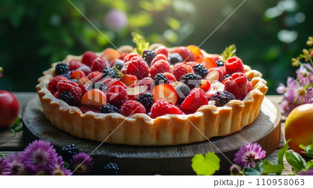 Fresh berry pie on a wooden table in a wide summer garden Fresh berry pie on a wooden table in a wide summer garden 110958063