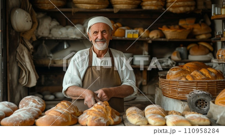 An old baker bakes bread in his small cozy Italian style bakery. An old baker bakes bread in his small cozy Italian style bakery. 110958284