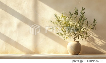 an olive tree in a vase on the window sill 110958296