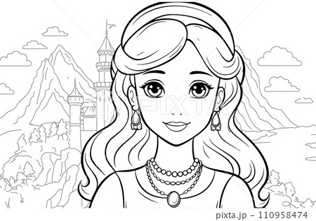 Young princess portrait coloring page. Outline black ink drawing antistress coloring book mountain forest isolated on white vector illustration Young princess portrait coloring page. Outline black ink drawing antistress coloring book mountain forest isolated on white vector illustration 110958474