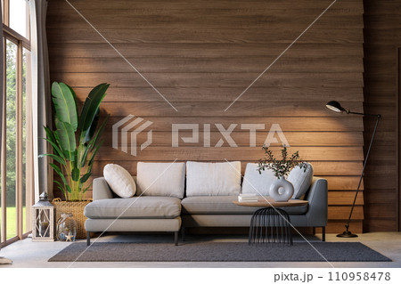 Modern contemporary loft style wooden living room with empty plank wall 3d render 110958478