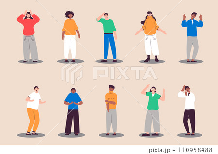 Unhappy and sad people set in flat design. Women and men express upset emotions, feeling depression and crying. Bundle of diverse multiracial characters. Illustration isolated persons for web Unhappy and sad people set in flat design. Women and men express upset emotions, feeling depression and crying. Bundle of diverse multiracial characters. Illustration isolated persons for web 110958488