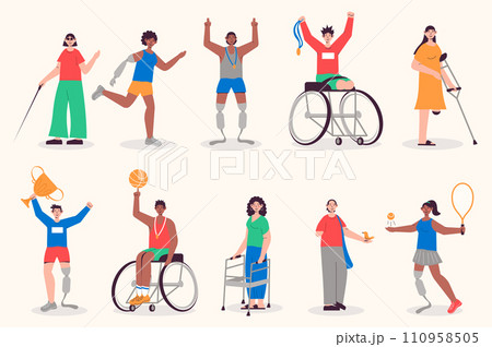 People with disabilities set in flat design. Men and women with protesis hands and legs, blind, on wheelchair. Bundle of diverse disabilities characters. Illustration isolated persons for web People with disabilities set in flat design. Men and women with protesis hands and legs, blind, on wheelchair. Bundle of diverse disabilities characters. Illustration isolated persons for web 110958505