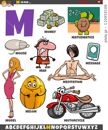 Letter M set with cartoon objects and characters 110959106