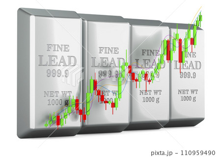 Lead bars with candlestick chart, showing uptrend market. 3D rendering Lead bars with candlestick chart, showing uptrend market. 3D rendering 110959490