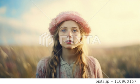 AI-generated content. Vintage image of young lady in a prairie 110960157