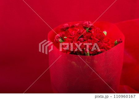 赤い背景の赤いカーネーションの花束 赤い背景の赤いカーネーションの花束 110960167
