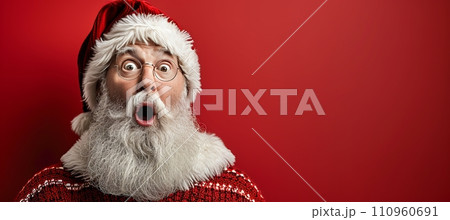 Startled santa claus with a shocked expression on a red background, perfect for text placement 110960691