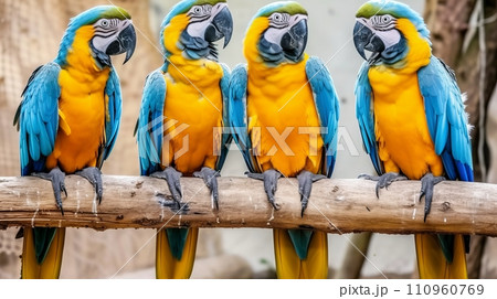Majestic exotic birds perched on lush tropical tree branches in captivating scene 110960769