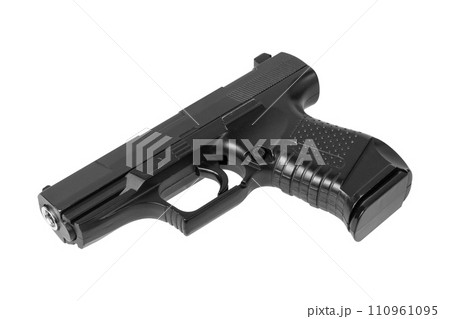 Replica black pistol. Toy gun isolated on white background. 110961095