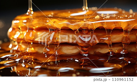 Close up stack of golden pancakes drizzled with maple syrup in warm lighting 110961152