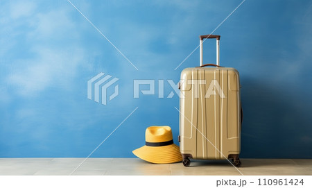 Blue holiday journey suitcase vacation baggage travel background with copy space 110961424