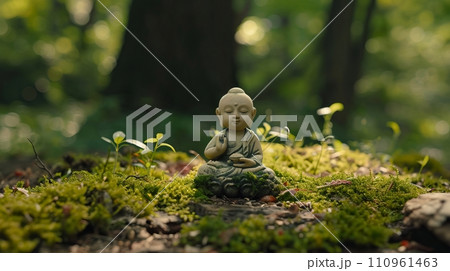 Tranquil buddha statue in serene temple with traditional architecture and natural surroundings 110961463