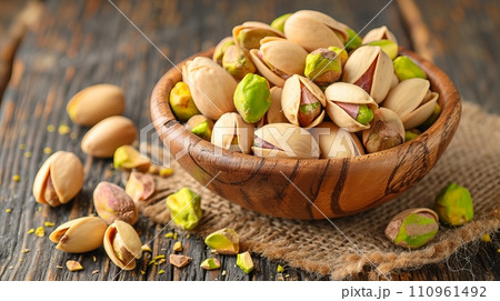 Pistachio nuts in bowl on wooden table   healthy snack and nutritious food option 110961492