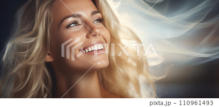 Close up portrait of woman smiling on blurred defocused background with copy space 110961493