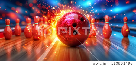 Bowling strike  ball crashing into pins on alley line, concept of sport competition or tournament. 110961496