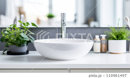 Minimalist bathroom with white square vessel sink and chrome faucet in modern interior design Minimalist bathroom with white square vessel sink and chrome faucet in modern interior design 110961497