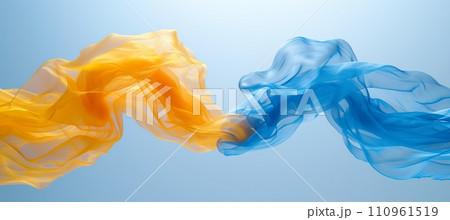 Abstract yellow and blue background with delicate leaves and semi transparent silk fabric waves 110961519