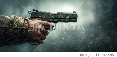 Hand holding a firearm on defocused gray background with copy space for text overlay Hand holding a firearm on defocused gray background with copy space for text overlay 110961595