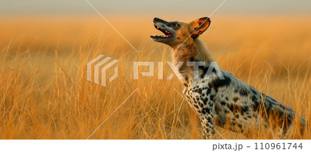 Eerie close up of a majestic wild dog howling at the moon with copy space for text placement 110961744