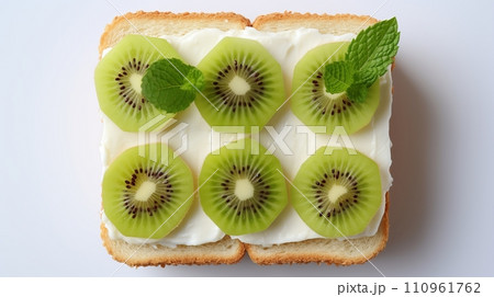 Vegetarian healthy sandwich with fresh fruits top view on white table diet breakfast Vegetarian healthy sandwich with fresh fruits top view on white table diet breakfast 110961762