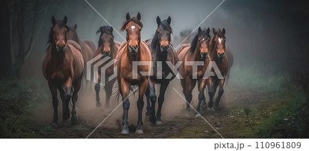 Galloping horses on dusty trail, symbolizing speed, strength, and freedom in nature with text space. 110961809