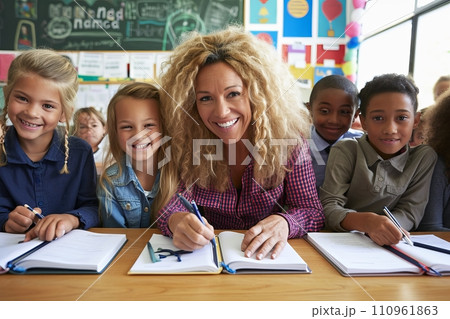 Smiling female teacher with attentive elementary school students in classroom setting 110961863