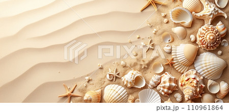 Top view of sandy beach with seashells and starfish, natural background for summer travel design 110961864