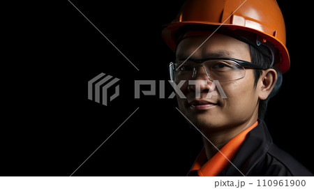 Smiling construction worker in uniform and helmet on labour day with copy space for text placement Smiling construction worker in uniform and helmet on labour day with copy space for text placement 110961900