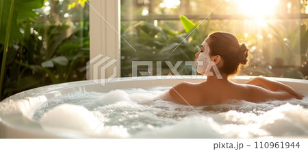 Luxurious spa day  woman relaxing with facial mask in bubble bath, panorama with copy space 110961944