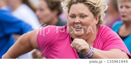 Joyful outdoor fitness for all  overweight woman finding happiness through park jogging. 110961949