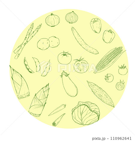 春と夏の野菜のペン画 円デザイン 春と夏の野菜のペン画 円デザイン 110962641