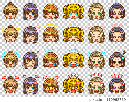 Cute girl chibi character face icon material set 3 with various hairstyles 110962789