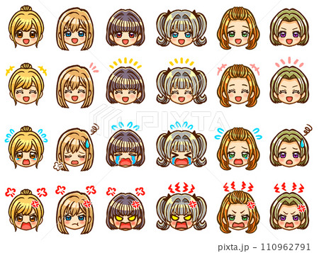 様々な種類の髪型のかわいい女の子のちびキャラ顔アイコン素材セット 様々な種類の髪型のかわいい女の子のちびキャラ顔アイコン素材セット 110962791