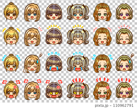 様々な種類の髪型のかわいい女の子のちびキャラ顔アイコン素材セット 様々な種類の髪型のかわいい女の子のちびキャラ顔アイコン素材セット 110962791