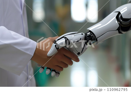 Closeup of a doctor's hand clasping a robot's hand. Generative AI. 110962795