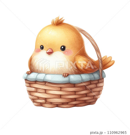 Cute little bird sitting in a basket Clipart Watercolor 110962965