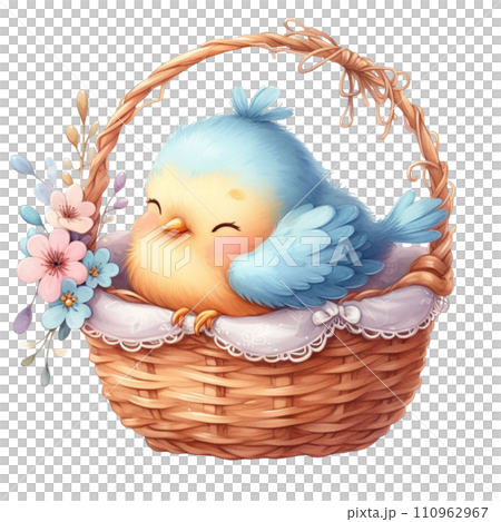 Cute little bird sitting in a basket Clipart Watercolor 110962967