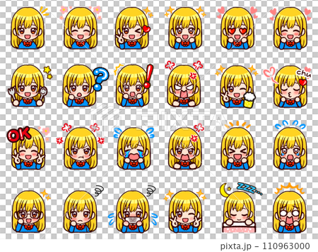 Cute blonde long hair girl chibi character icon material set 110963000