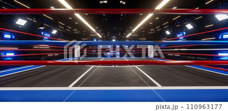Empty professional boxing ring in vibrant arena, awaiting intense matches and sporting events. 110963177