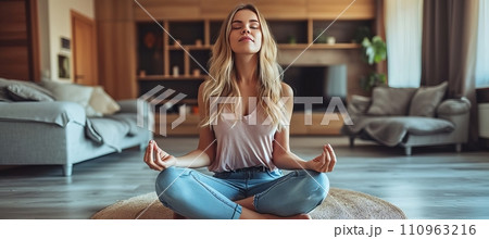 Serene woman meditating at home, promoting mental health and doing fitness exercises in living room Serene woman meditating at home, promoting mental health and doing fitness exercises in living room 110963216