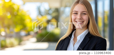 Beautiful young business woman outdoors with blurred business center background and copy space Beautiful young business woman outdoors with blurred business center background and copy space 110963400