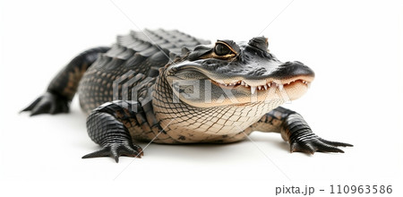 Magnificent alligator on white background   isolated reptile wildlife close up photo 110963586