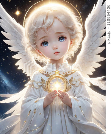 光る魂を握る幼い天使のイラスト アート（AI生成画像）のイラスト素材